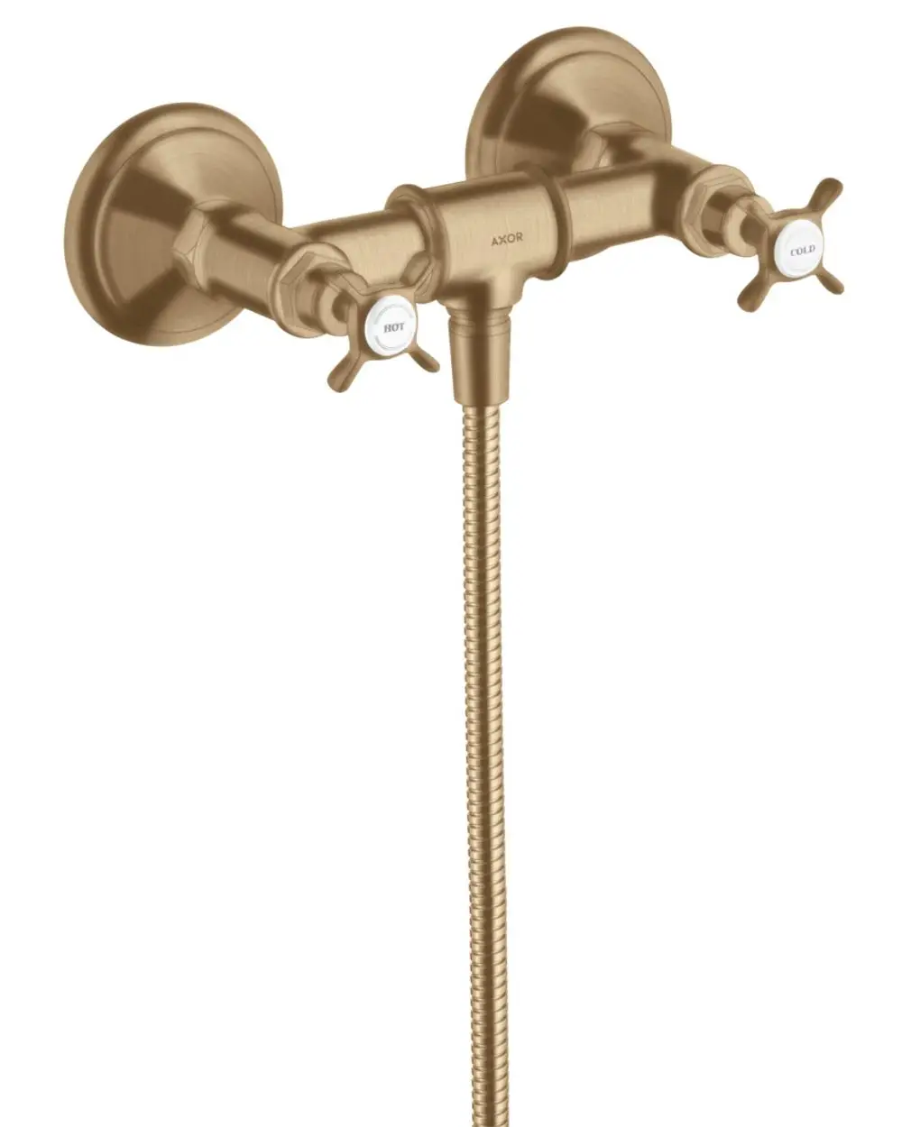Aufputz-Brausearmatur mit zwei Kreuzgriffen in brushed Bronze von AXOR. Verbindungsstück und flexible Schlauchleitung sind sichtbar.